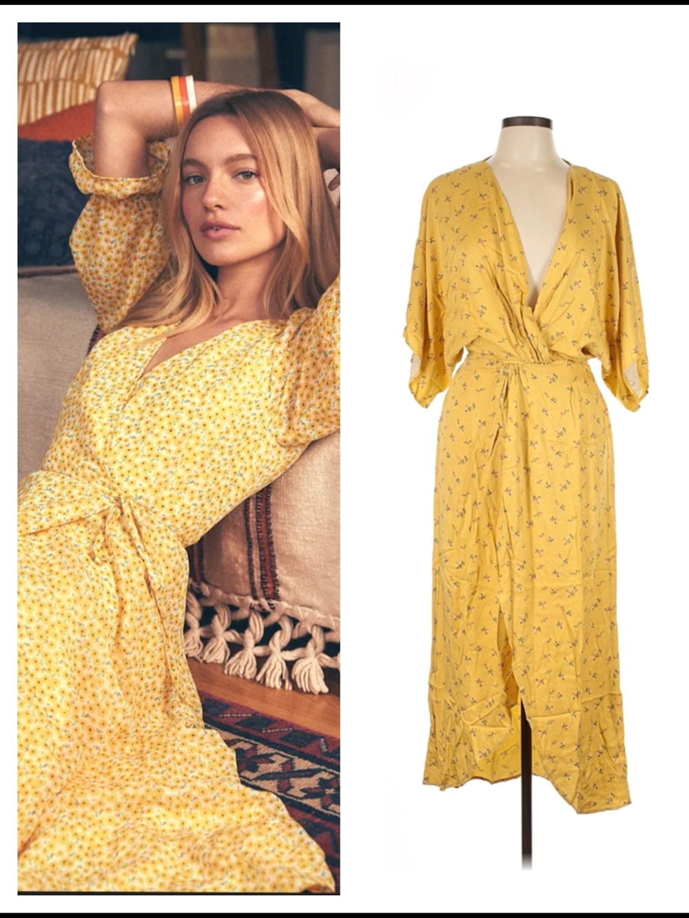 Yellow Floral Midi Wrap Dress - Women's Summer Dress
